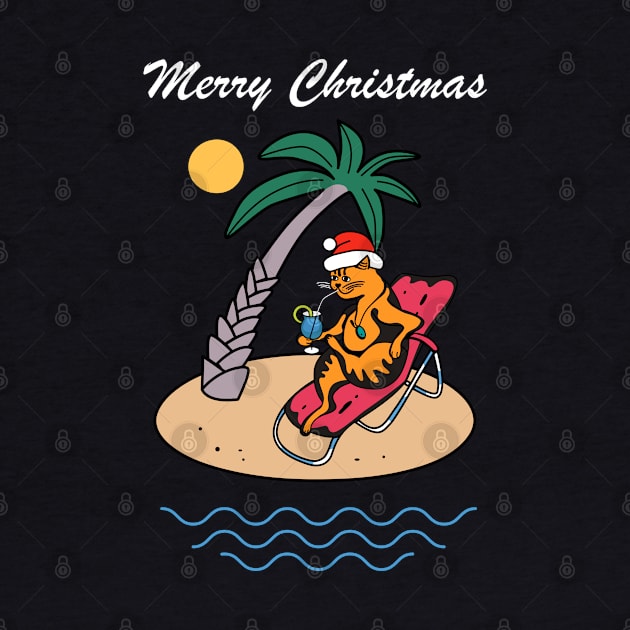 Cat Santa Hat Tropical Beach Cruise Merry Christmas by okpinsArtDesign